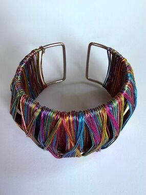Vtg Y2K Multicolored Ombre Metallic Wire Wrapped Wide Cuff Bracelet Maximalist